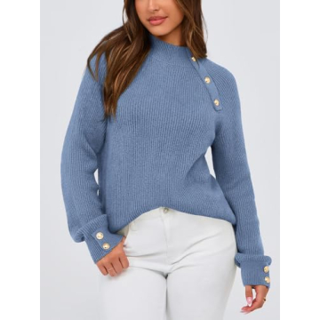 PRETTYGARDEN Womens Sweaters Fall 2024 Ribbed Knit Raglan Long Sleeve Mock Neck Pullover Sweater Chunky Outfits (Grey Blue, Medium)