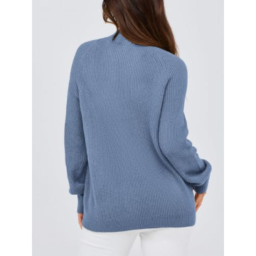 PRETTYGARDEN Womens Sweaters Fall 2024 Ribbed Knit Raglan Long Sleeve Mock Neck Pullover Sweater Chunky Outfits (Grey Blue, Medium)