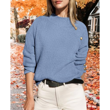PRETTYGARDEN Womens Sweaters Fall 2024 Ribbed Knit Raglan Long Sleeve Mock Neck Pullover Sweater Chunky Outfits (Grey Blue, Medium)