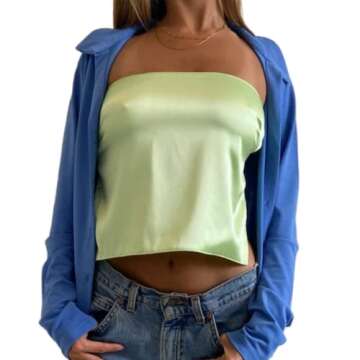 Women Sexy Strapless Tube Tops Sleeveless Backless Solid Satin Crop Top Summer Streewear Tank Top(C-Green Satin,S)