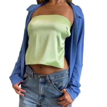Women Sexy Strapless Tube Tops Sleeveless Backless Solid Satin Crop Top Summer Streewear Tank Top(C-Green Satin,S)