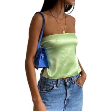 Women Sexy Strapless Tube Tops Sleeveless Backless Solid Satin Crop Top Summer Streewear Tank Top(C-Green Satin,S)
