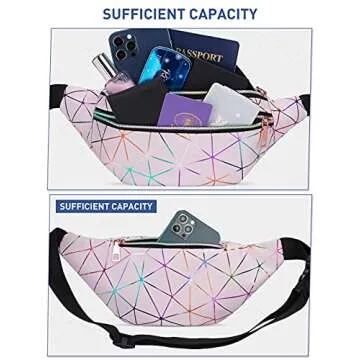 LIVACASA Holographic Fanny Packs for Women Waterproof Waist Packs Shiny with Adjustable Belt Diamond Lattice Pattern for Party Festival Trip Cute Pink