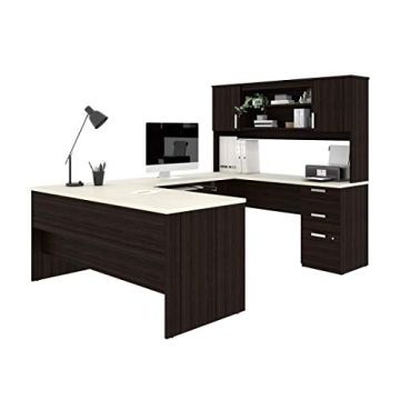Bestar Ridgeley U-Shaped Executive Desk with Pedestal and Hutch, 65W, in White Chocolate | Multipurp...