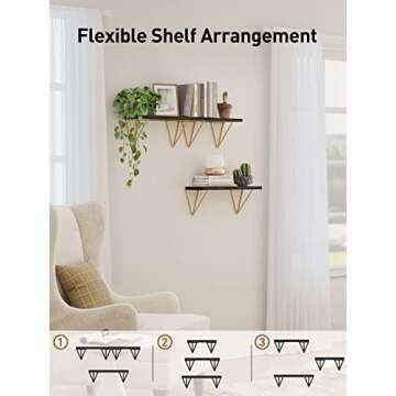 AMADA HOMEFURNISHING Floating Shelves, Black Wall Shelves with Triangle Brackets, 16" Shelves for Wall Decor, Black Shelves for Bathroom, Bedroom, Living Room, Kitchen, Set of 3 - AMFS12B