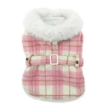 DOGGIE DESIGN Plaid Fur-Trimmed Dog Harness Coat - Pink and White (Small)