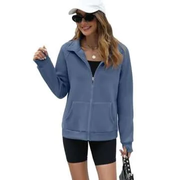 OFEEFAN Women Zip Up Sweatshirts Casual Fall Fleece Jackets Fashion Long Sleeve Tops Travel Outfits Oversized Coats Winter Sweater Hoodies Trendy Y2K Clothes Blue L