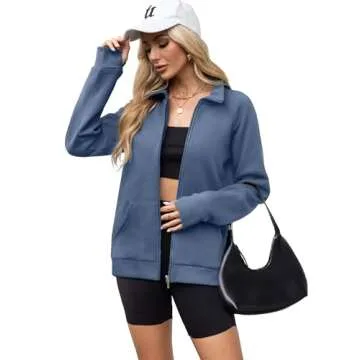 OFEEFAN Women Zip Up Sweatshirts Casual Fall Fleece Jackets Fashion Long Sleeve Tops Travel Outfits Oversized Coats Winter Sweater Hoodies Trendy Y2K Clothes Blue L