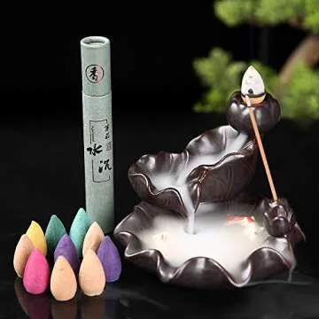 Kingsglen Ceramics Waterfall Incense Burner, Backflow Incense Burner Holder, Koi Fish Incense Burner,Incense Seat with 50 Backflow Incense Cones+30 Incense Sticks