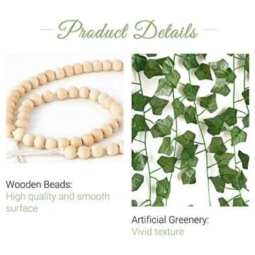 Mkono Hanging Fake Vines for Bedroom Wall Decor Artificial Plant Leaves with Wood Beads Set Indoor G...