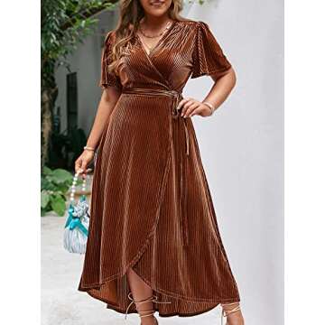 BerryGo Women's 2024 Fall Plus Size Velvet Wrap Dress V Neck Cocktail Short Sleeve semi Formal Maxi Dress Earthy Orange 3XL