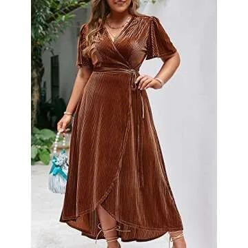 BerryGo Women's 2024 Fall Plus Size Velvet Wrap Dress V Neck Cocktail Short Sleeve semi Formal Maxi Dress Earthy Orange 3XL