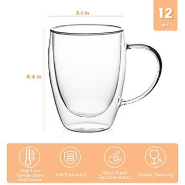 MEWAY 12oz/6 pack Coffee Mugs,Clear Glass Double Wall Cup with handle for Coffee, Tea, Latte, Cappuc...