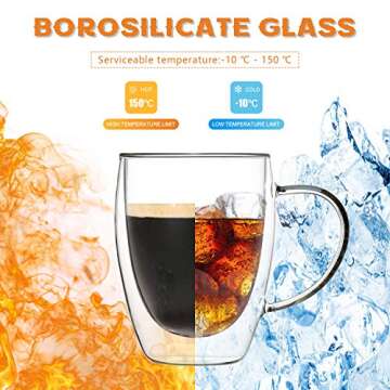 MEWAY 12oz/6 pack Coffee Mugs,Clear Glass Double Wall Cup with handle for Coffee, Tea, Latte, Cappuccino (12 oz，6)