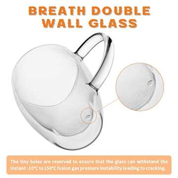 MEWAY 12oz/6 pack Coffee Mugs,Clear Glass Double Wall Cup with handle for Coffee, Tea, Latte, Cappuccino (12 oz，6)
