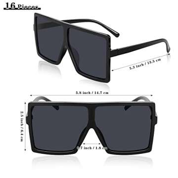 Aodaer 16 Pairs Oversized Square Sunglasses for Women Men Flat Top Fashion Sunglass Retro Vintage Shades Big Sunglasses