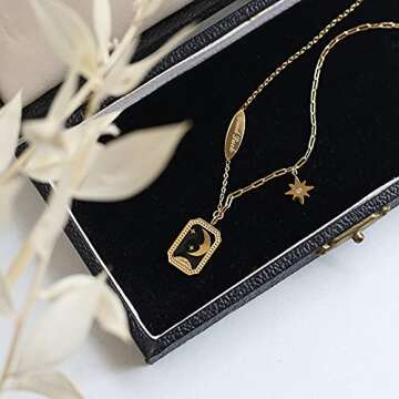 MODAGIRL Good Luck Stainless Steel 18k Gold Plated Moon Star Rectangle Pendant Necklace Retro Black ...