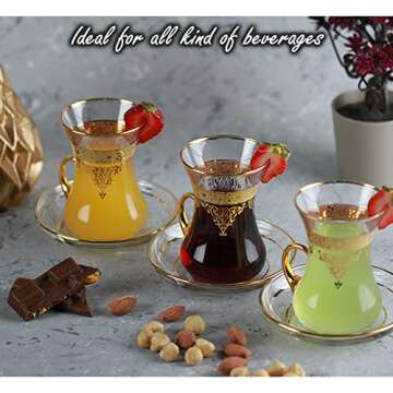 Turkish Tea Glasses Cups Set of 6 and Saucers Glassware, Moroccan Tea Glasses, Gold Drinking Glasses, Tea Set, Women Party Arabic Fancy Drinkware Style Vintage Persian Kitchen Decor Coffee Drinks