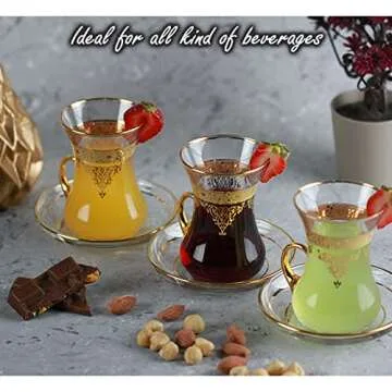 Turkish Tea Glasses Cups Set of 6 and Saucers Glassware, Moroccan Tea Glasses, Gold Drinking Glasses, Tea Set, Women Party Arabic Fancy Drinkware Style Vintage Persian Kitchen Decor Coffee Drinks