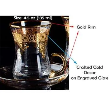 Turkish Tea Glasses Cups Set of 6 and Saucers Glassware, Moroccan Tea Glasses, Gold Drinking Glasses, Tea Set, Women Party Arabic Fancy Drinkware Style Vintage Persian Kitchen Decor Coffee Drinks
