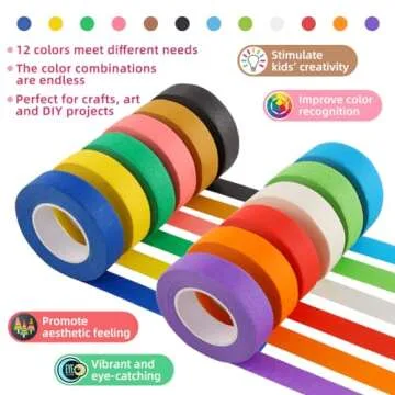 Colored Masking Tape, Rainbow Colors Painters Tape Colorful Craft Art Paper Tape for Kids Labeling A...