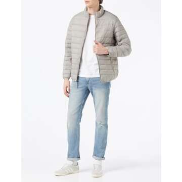 Amazon Essentials Men's Packable Lightweight Water-Resistant Puffer Jacket (Available in Big & Tall), Light Grey, Medium