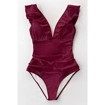 CUPSHE Women's Red Ruffled Lace Up One Piece Swimsuit, M
