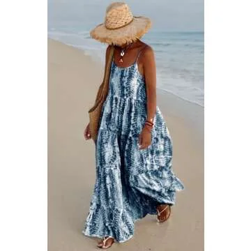 PRETTYGARDEN Women’s Summer Casual Loose Sleeveless Floral Sundress Spaghetti Strap Tiered Maxi Dress Flowy Beach Dresses (Navy, Small)