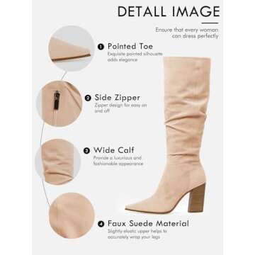 PiePieBuy Womens Faux Suede Knee High Boots Pointed Toe High Chunky Heel Side Zipper Party Dress Booties, Nude, Size 7