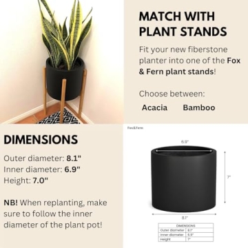 Fox & Fern 8 Inch Planter with Drainage - Lightweight Fiberstone
