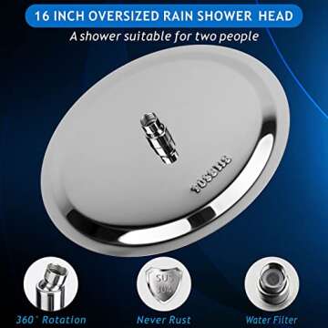 Voolan All Metal Rain Shower Head - High Flow Round Rainfall Showerhead - Waterfall Full Body Coverage - Universal Ceiling or Wall Mount (16 Inch, Chrome)