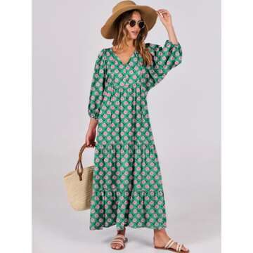 ANRABESS Womens Boho Maxi Dresses 2025 Summer V Neck Puff Sleeve Floral Flowy Swing Casual Long Dress Green X-Large