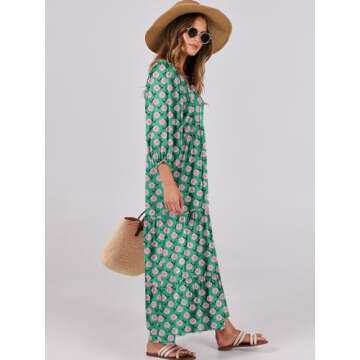 ANRABESS Womens Boho Maxi Dresses 2025 Summer V Neck Puff Sleeve Floral Flowy Swing Casual Long Dress Green X-Large