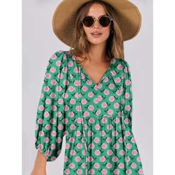 ANRABESS Womens Boho Maxi Dresses 2025 Summer V Neck Puff Sleeve Floral Flowy Swing Casual Long Dress Green X-Large