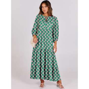 ANRABESS Womens Boho Maxi Dresses 2025 Summer V Neck Puff Sleeve Floral Flowy Swing Casual Long Dress Green X-Large
