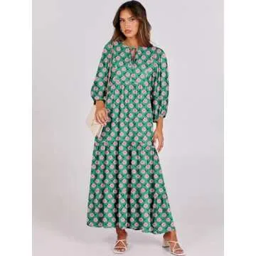 ANRABESS Womens Boho Maxi Dresses 2025 Summer V Neck Puff Sleeve Floral Flowy Swing Casual Long Dress Green X-Large