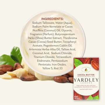 Yardley London Nourishing Bath Soap Bar Cocoa Butter, Helps Soften Dry Skin with Pure Cocoa Butter, Shea Butter & Vitamin E, 4.0 oz Bath Bar, 1 Soap Bar