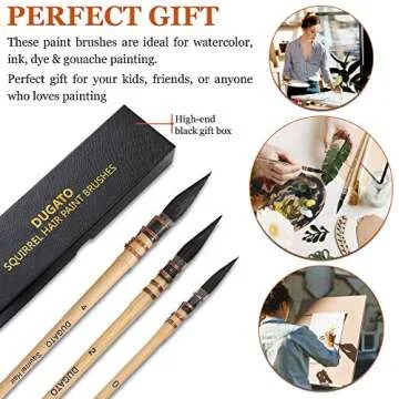 Professional Watercolor Squirrel Hair Paint Brushes by DUGATO, Mop Round Fine Tip Detail Paintbrush Set for Art Painting, Gouache, Fine Detailing, Acrylic, Gouache, Oil (3 Brushes)