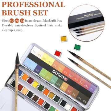 Professional Watercolor Squirrel Hair Paint Brushes by DUGATO, Mop Round Fine Tip Detail Paintbrush Set for Art Painting, Gouache, Fine Detailing, Acrylic, Gouache, Oil (3 Brushes)