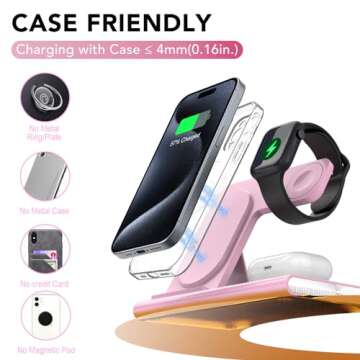 3 in 1 Foldable Charging Station for Apple Products,Fast Wireless Charger Travel Dock Adapter&Light for iPhone 16/15/14/13/12/11/X/XS,for iWatch 10/9/8/7/Ultra2/Ultra/SE,for AirPods 4/3/2/Pro/2(Pink)