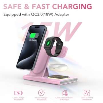 3 in 1 Foldable Charging Station for Apple Products,Fast Wireless Charger Travel Dock Adapter&Light for iPhone 16/15/14/13/12/11/X/XS,for iWatch 10/9/8/7/Ultra2/Ultra/SE,for AirPods 4/3/2/Pro/2(Pink)