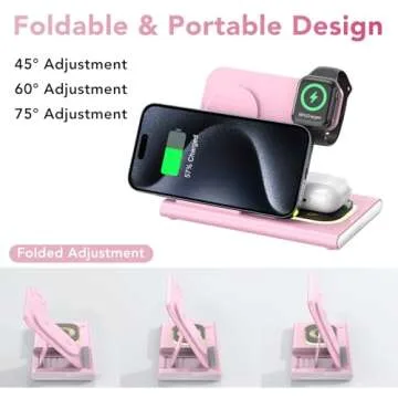 3 in 1 Foldable Charging Station for Apple Products,Fast Wireless Charger Travel Dock Adapter&Light for iPhone 16/15/14/13/12/11/X/XS,for iWatch 10/9/8/7/Ultra2/Ultra/SE,for AirPods 4/3/2/Pro/2(Pink)