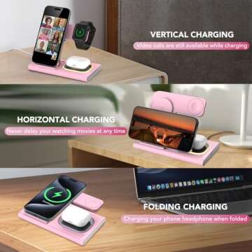 3 in 1 Foldable Charging Station for Apple Products,Fast Wireless Charger Travel Dock Adapter&Light for iPhone 16/15/14/13/12/11/X/XS,for iWatch 10/9/8/7/Ultra2/Ultra/SE,for AirPods 4/3/2/Pro/2(Pink)