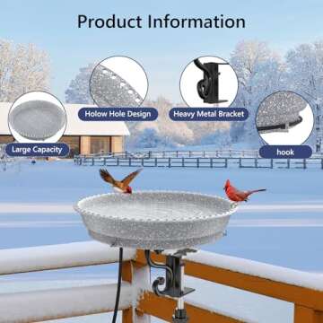 Sunvigor Heated Bird Bath for Outdoors, Deck Mounted 75W Bird Bath Deicer Bird Feeder with Thermostatically Controlled, Bird Bath Bowl for Winter Garden Yard Patio Lawn, with 3.6 Feet Electric Cord