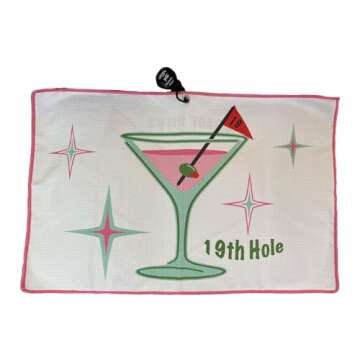 Giggle Golf Martini Par 3 Pack for Women, Microfiber Waffle Weave Golf Towel, Tee Bag with Tees and Bling Ball Marker with Magnetic Hat Clip (19th Hole)