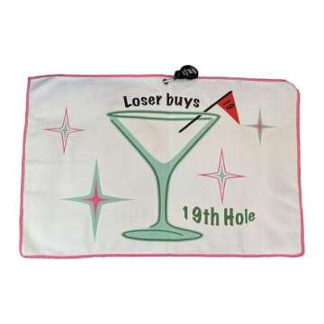 Giggle Golf Martini Par 3 Pack for Women, Microfiber Waffle Weave Golf Towel, Tee Bag with Tees and Bling Ball Marker with Magnetic Hat Clip (19th Hole)