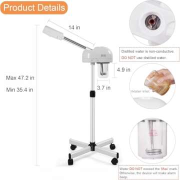 Professional Ozone Facial Steamer with Hot Mist Function, Stand Facial Steamer On Wheels, Height Adjustable & 360° Rotatable Nozzle, Use at Home & Salon SPA