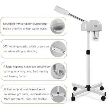 Professional Ozone Facial Steamer with Hot Mist Function, Stand Facial Steamer On Wheels, Height Adjustable & 360° Rotatable Nozzle, Use at Home & Salon SPA