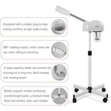 Professional Ozone Facial Steamer with Hot Mist Function, Stand Facial Steamer On Wheels, Height Adjustable & 360° Rotatable Nozzle, Use at Home & Salon SPA