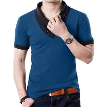 YTD Mens Cotton Casual V-Neck Button Slim Muscle Tops Tee Short Sleeve T-Shirts Large Blue